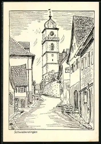 Künstler-AK Schwieberdingen, Strassenzug mit Uhrturm