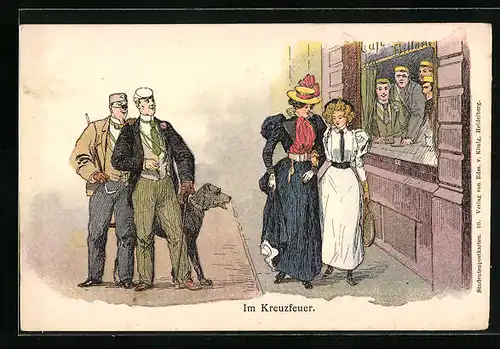 Lithographie Aufdringliche Herren der studentischen Szene nehmen junge Frauen ins Kreuzfeuer