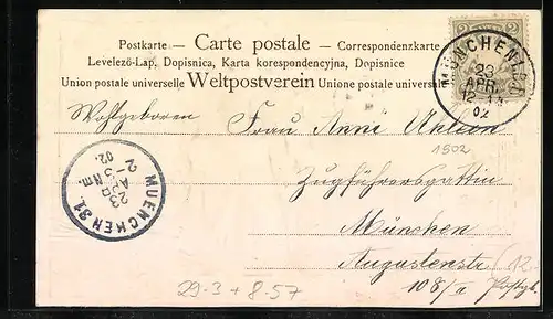 Passepartout-Lithographie München, Fischbrunnen am Marienplatz mit Münchner Kindl