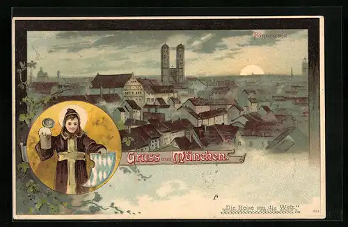 Lithographie München, Panorama mit Liebfrauenkirche und Münchner Kindl