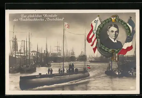 AK Heimkehr des Fracht-U-Bootes Deutschland unter Kapitän König