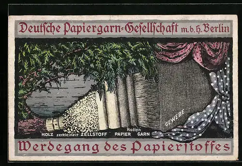 Künstler-AK Berlin, Deutsche Faserstoff-Ausstellung 1918 der Papiergarn-Gesellschaft, Werdegang des Papierstoffes