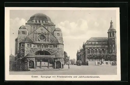 AK Essen, Synagoge mit Friedenskirche und Jahrhundertbrunnen
