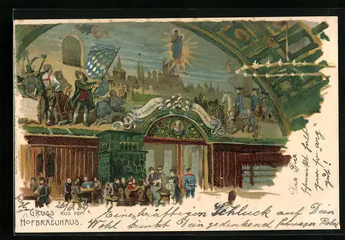 Lithographie Münchner Hofbräuhaus mit Wandgemälde und Gästen