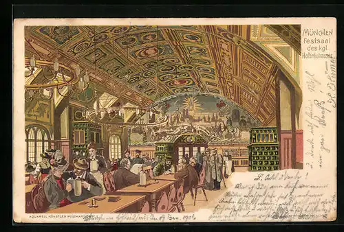 Lithographie Festsaal des Münchner Hofbräuhauses