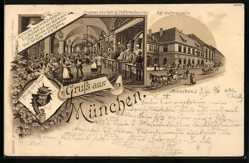 Lithographie Inneres des Münchner Hofbräuhauses, Gast mit Bierkrug