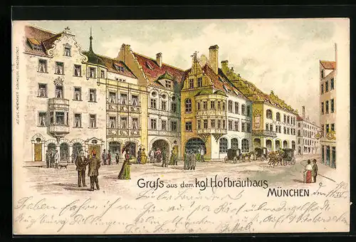 Lithographie Strassenpartie mit Münchner Hofbräuhaus