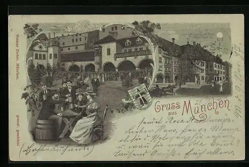 Mondschein-Lithographie München, Arkadenhof im neuen Hofbräuhaus, Münchner Hofbräuhaus