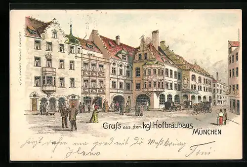 Lithographie Strassenpartie mit Münchner Hofbräuhaus