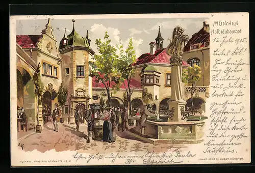 Lithographie Münchner Hofbräuhaus mit Brunnen