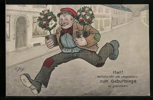 Künstler-AK Geburtstagsglückwünsche, Page mit Blumen