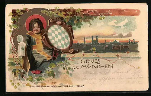 Lithographie Münchner Kindl mit Wappen und Bierkrug