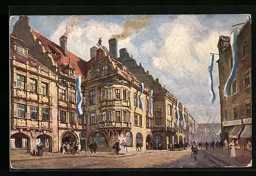 Künstler-AK Strassenpartie mit Münchner Hofbräuhaus