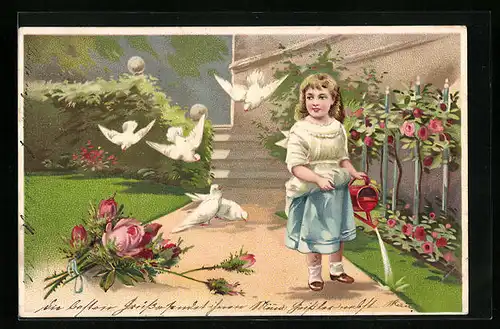 Lithographie Mädchen beim Blumengiessen, Gärtnerin