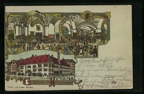 Lithographie Münchner Hofbräuhaus mit belebter Halle