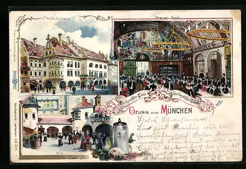 Lithographie Münchner Hofbräuhaus mit Oberen Saal und Hof