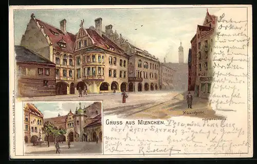 Lithographie Blick zum Münchner Hofbräuhaus