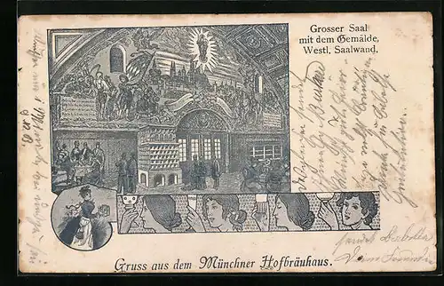 Künstler-AK München, Grosser Saal im Hofbräuhaus, Gemälde an der westlichen Saalwand