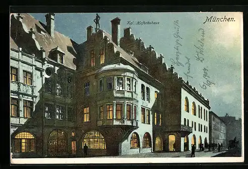 Künstler-AK München, Hofbräuhaus - Strassenansicht bei Nacht