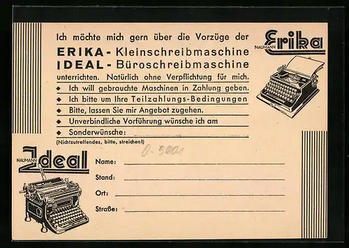 Künstler-AK Erika-Schreibmaschine - Reklame mit Abbildungen, Anforderungskarte für Kundeninformation