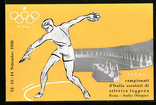 Künstler-AK Roma, FIDAL campionati d`Italia assoluti di atletica leggera 1958 - Kugelstosser und Olympiastadion