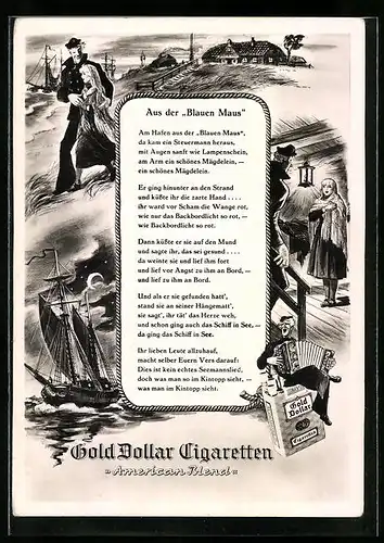 Künstler-AK Reklame für Gold Dollar-Zigaretten - Matrosen-Szenen, Gedicht