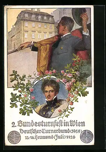 Künstler-AK Wien, Bundesturnfest 1926, Festpostkarte - Grüssender Flaggenträger mit Strasse, Portrait Theodor Körner