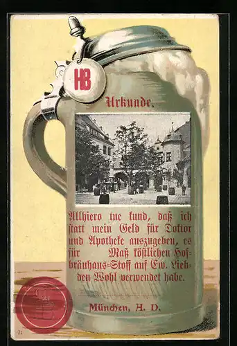 Passepartout-Lithographie Münchner Hofbräuhaus - Hofansicht im Bierkrug-Passepartout