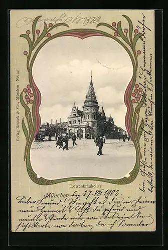Passepartout-Lithographie Löwenbräu-Keller - Gebäude und Passanten im floralen Passepartout