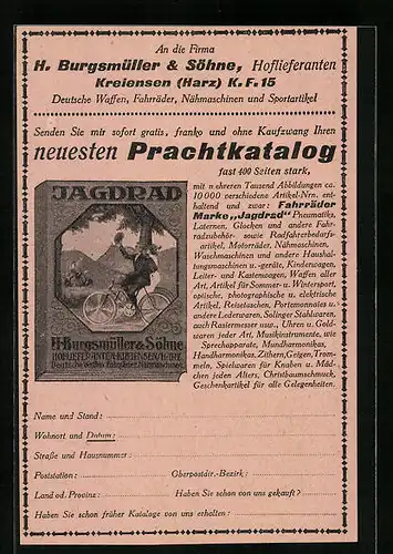 AK Kreiensen /Harz, Jagdrad der Firma Burgsmüller & Söhne - Anforderungskarte für Prachtkatalog