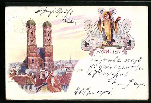 Künstler-AK München, Frauenkirche im Stadtbild, Münchner Kindl