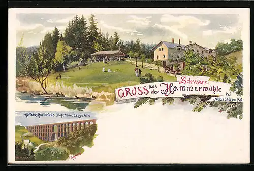 Künstler-AK Netzschkau i. V., Gasthaus Schwarzhammermühle, Götzschtalbrücke aus der Ferne