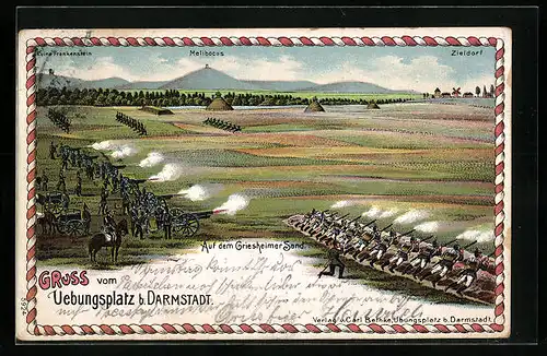 Lithographie Darmstadt, Truppenübungsplatz auf dem Griesheimer Sand, Militärübung mit Ruine Frankenstein, Melibocus