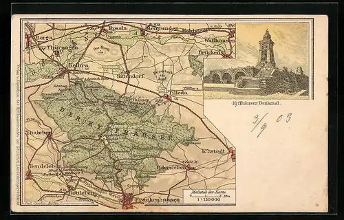 Lithographie Bad Frankenhausen, Kyffhäuser Denkmal mit Landkarte der Umgebung