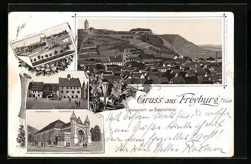 Lithographie Freyburg a. U., Restaurant zur Sektkellerei, Erinnerungsturnhalle, Totalansicht