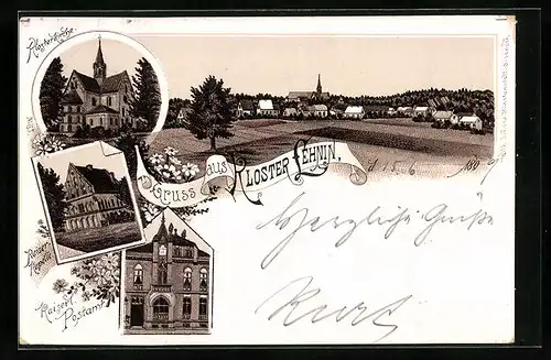 Lithographie Lehnin, Klosterkirche und Kaiserkapelle, Kaiserliches Postamt, Totalansicht