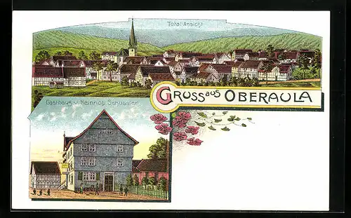 Lithographie Oberaula, Gasthaus von Heinrich Schüssler, Totalansicht
