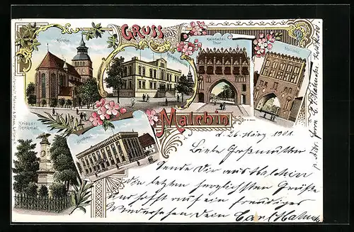 Lithographie Malchin, Kirche, Realgymnasium, Kalensches Tor, Steintor, Kriegerdenkmal und Rathaus