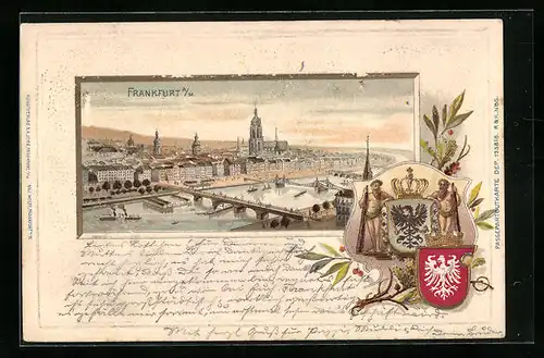 Passepartout-Lithographie Frankfurt a. M., Totalansicht mit Mainpartie, Wappen