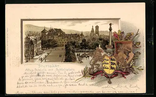Passepartout-Lithographie Stuttgart, Altes Schloss mit Schlossplatz, Wappen