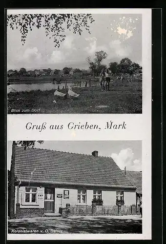 AK Grieben /Mark, Kolonialwaren von O. Deilitz, Blick zum Dorf