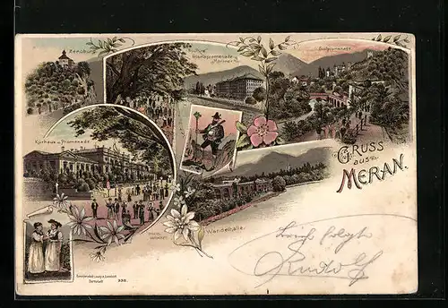 Lithographie Meran, Giselapromenade, Gilfpromenade, Wandelhalle