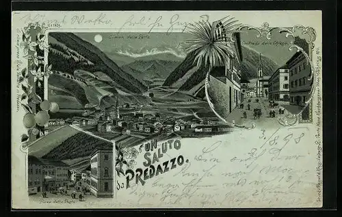 Mondschein-Lithographie Predazzo, Contrada della Chiesa, Piazza della Posta