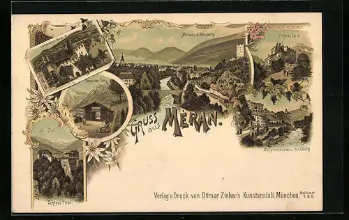 Lithographie Meran, Gilfpromenade und Zenoburg, Tappeiner Weg, Schloss Forst