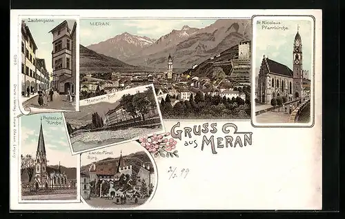 Lithographie Meran, Laubengasse, Landesfürstliche Burg