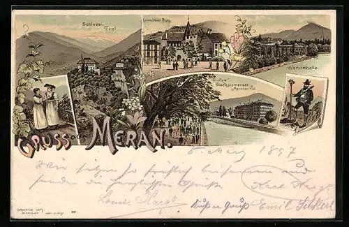 Lithographie Meran, Giselapromenade und Hotel Meraner Hof, Wandelhalle