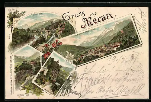 Lithographie Meran, Gilfanlage, Totalansicht, Zenoburg