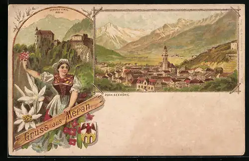 Lithographie Meran, Ortsansicht, Schloss Tirol
