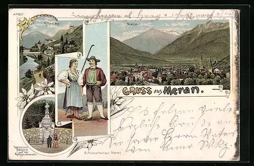 Lithographie Meran, Gilfanlage, Tappeiner Denkmal, Panorama