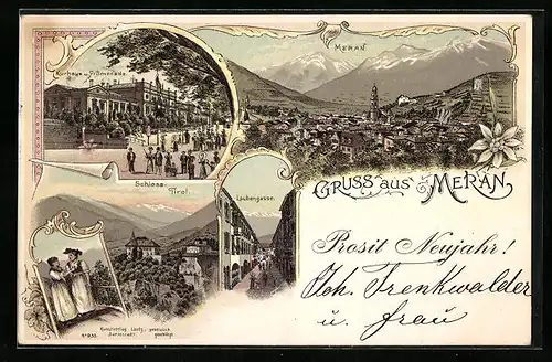 Lithographie Meran, Kurhaus und Promenade, Laubengasse